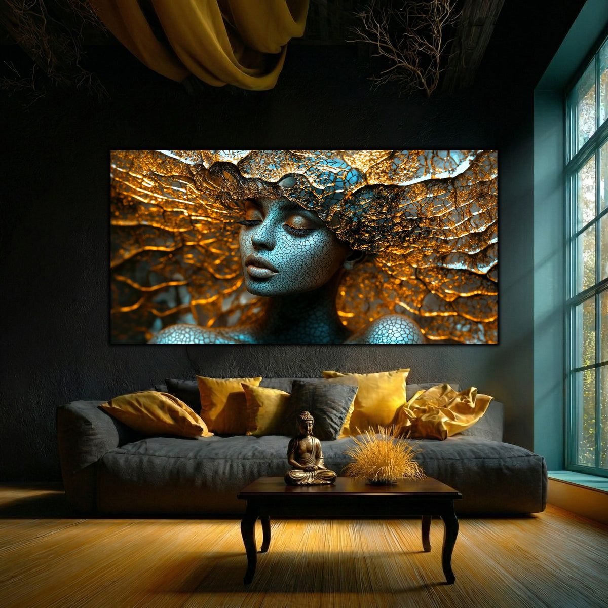 Tablou decorativ modern pe sticlă securizată – portret feminin meditativ în centrul unui labirint de rețele aurii și turcoaz, colecția Celestial Embrace, montat într-un living boho-cosmic cu statuetă Buddha și lumină turcoaz naturală