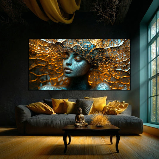 Tablou decorativ modern pe sticlă securizată – portret feminin meditativ în centrul unui labirint de rețele aurii și turcoaz, colecția Celestial Embrace, montat într-un living boho-cosmic cu statuetă Buddha și lumină turcoaz naturală