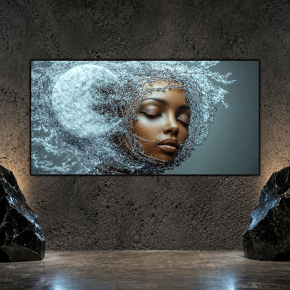Tablou decorativ living Visul Lunii, portret înconjurat de ramuri cristaline și disc lunar, pe perete mineral închis.