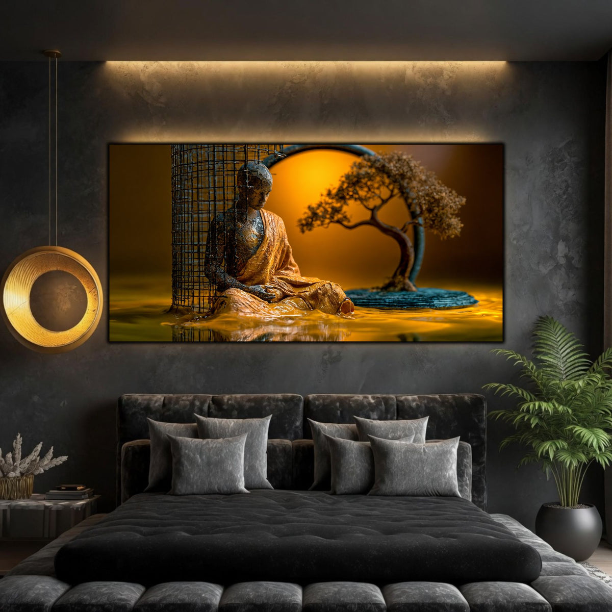 Tablou pentru dormitor cu o siluetă meditativă de piatră și aur, aducând o atmosferă de calm și iluminare dramatică în decor.