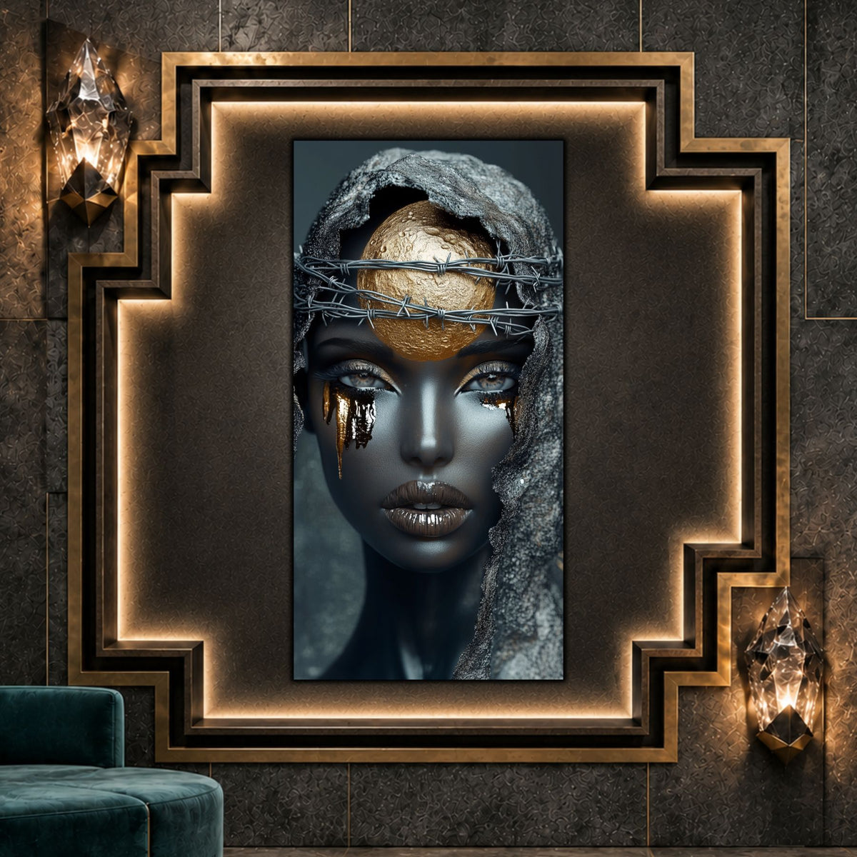 Tablou vertical cu portret feminin și dâre metalice sub ochi, într-un decor cu ancadramente aurii, aplice fațetate și mobilier de culoare petrol.