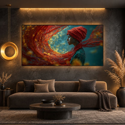 Tablou Dormitor Elegant Crimson Threshold cu portret feminin în filamente rubinii, prezentat într-un living antracit