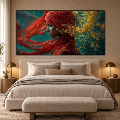 Tablou Dormitor Elegant Crimson Unfolding cu văluri roșii și particule aurii, montat deasupra unui pat crem