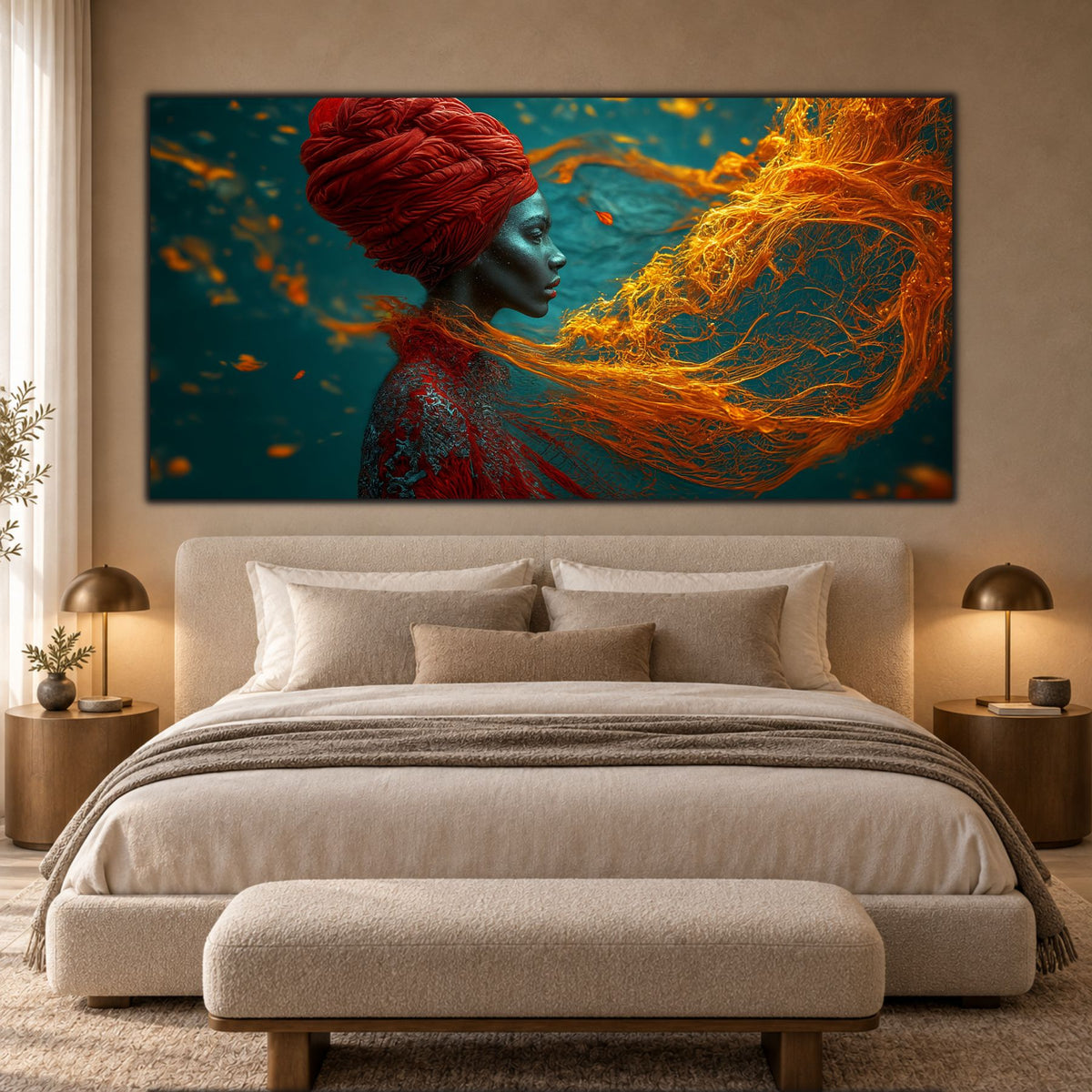 Tablou Dormitor Elegant Ember Current cu portret sculptural și curent auriu, montat deasupra unui pat crem