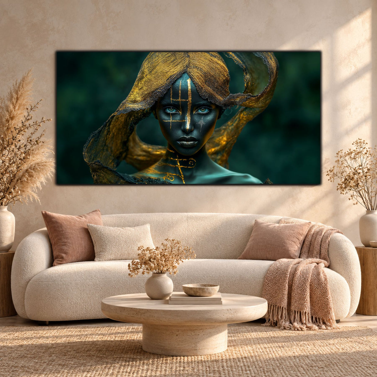 Tablou modern panoramic cu portret sculptural și ochi turcoaz, amplasat deasupra unei canapele crem într-un interior luminos