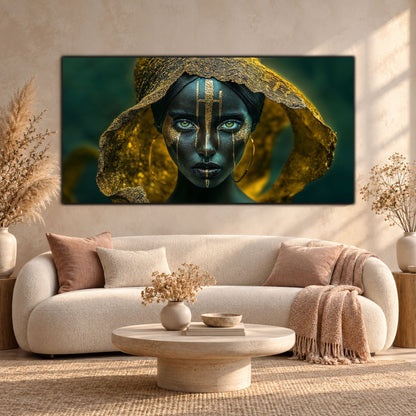 Tablou modern panoramic cu portret sculptural și marcaje aurii, amplasat deasupra unei canapele crem într-un interior luminos