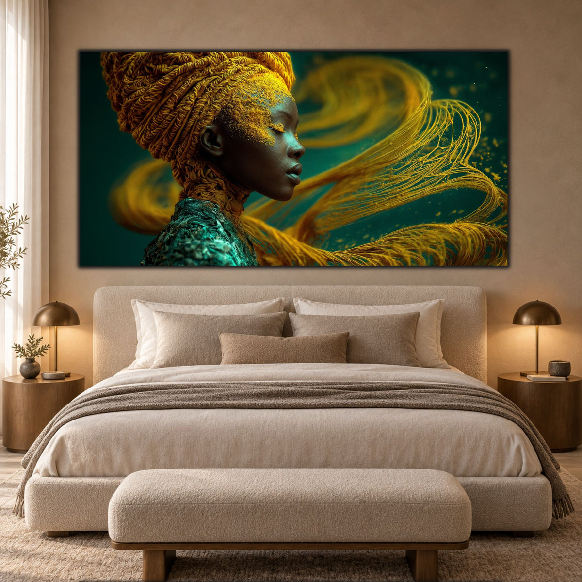 Tablou din sticlă Gilded Breath cu profil sculptural și valuri aurii, amplasat deasupra unui pat crem într-un dormitor elegant