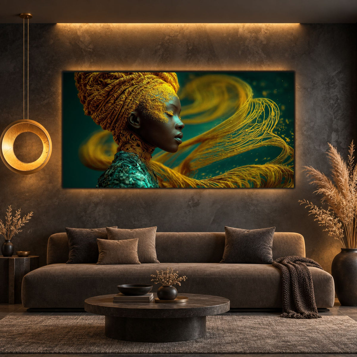 Tablou Dormitor Elegant Gilded Breath cu portret feminin, turban șofran și filamente aurii, expus într-un living antracit