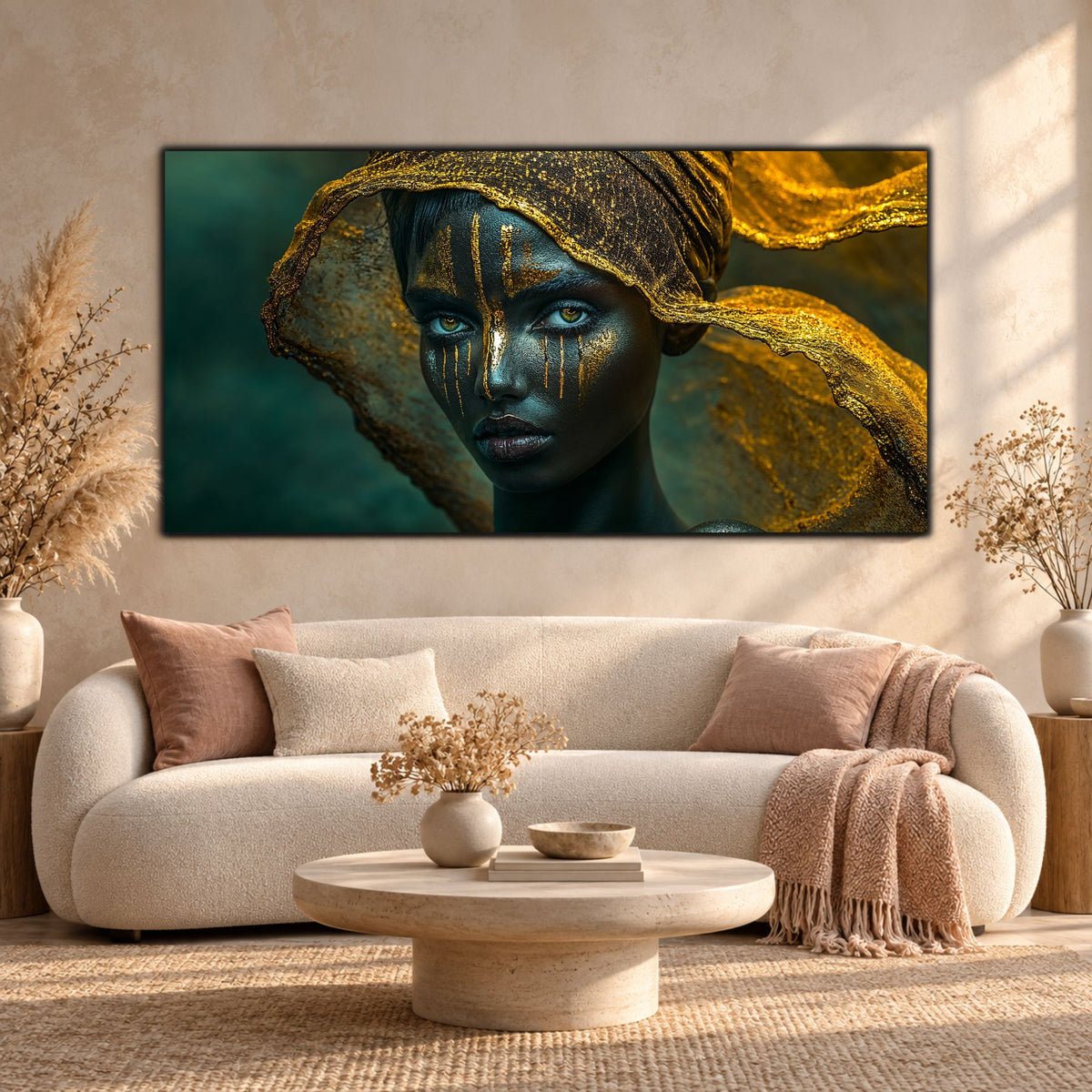 Tablou modern panoramic cu portret sculptural, ochi verzi și accente aurii, expus deasupra unei canapele crem