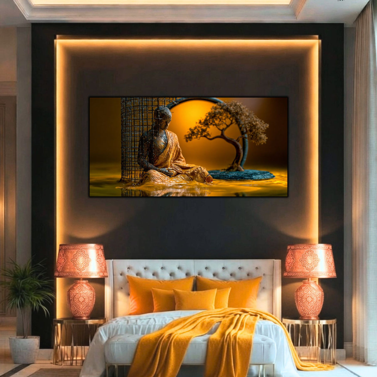 Design interior de dormitor cu un tablou premium, evidențiind tematica meditației, a bonsaiului și curgerea aurului lichid.
