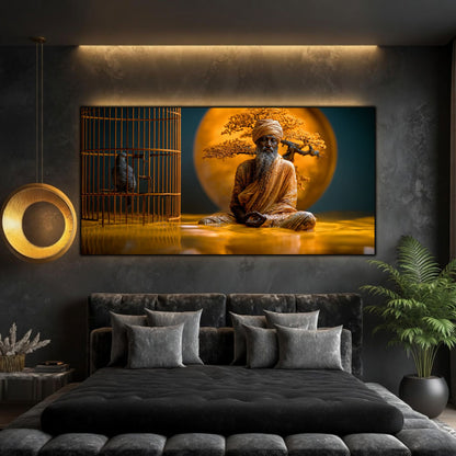 Design interior de dormitor cu un tablou premium deasupra patului, subliniind eliberarea spirituală și relaxarea.