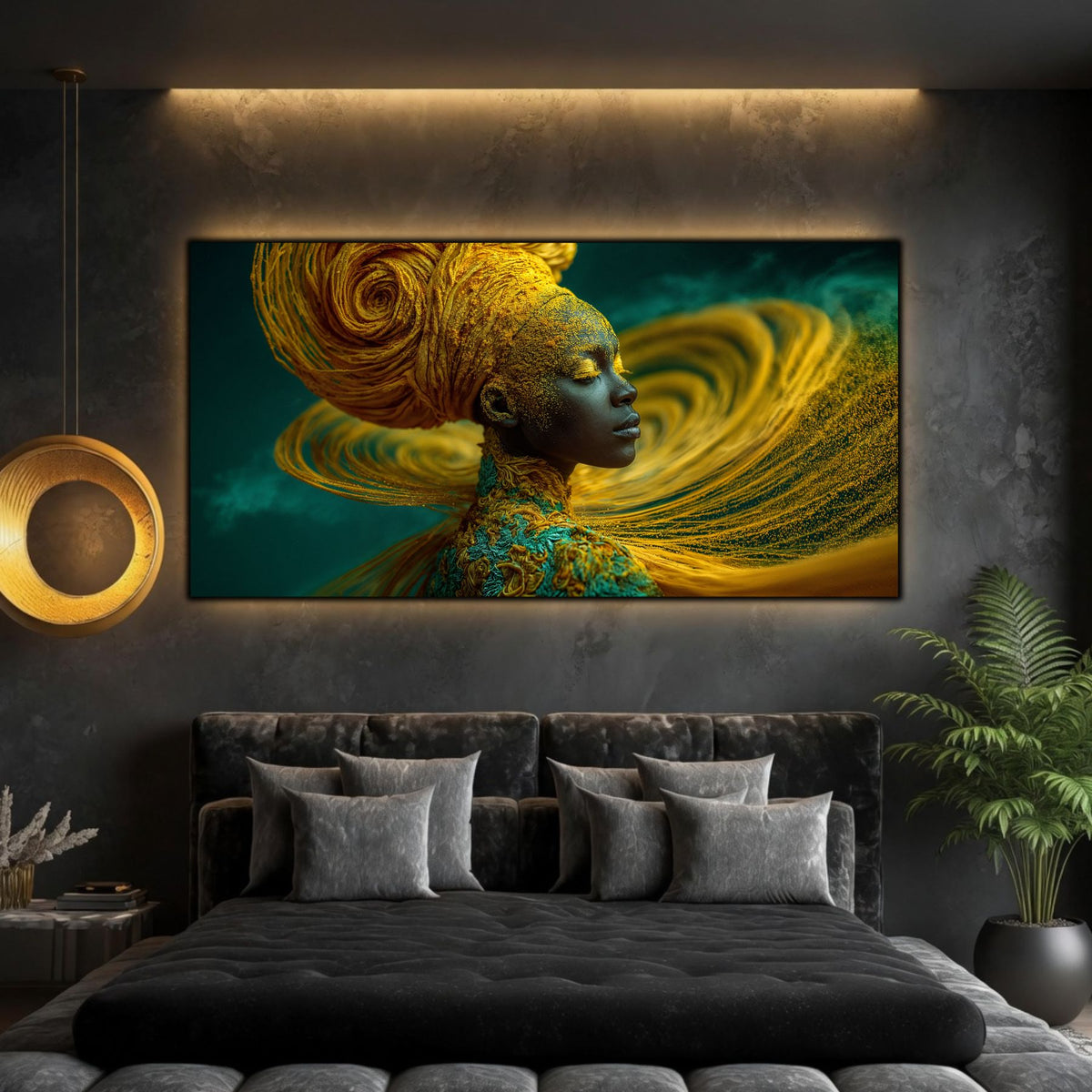 Tablou dormitor modern panoramic Firele aurorei de ambră printat pe sticlă securizată deasupra unui pat matrimonial negru într-un dormitor contemporan
