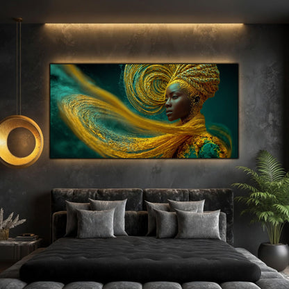 Tablou dormitor modern panoramic Firele curentului solar printat pe sticlă securizată deasupra unui pat matrimonial negru într-un dormitor contemporan