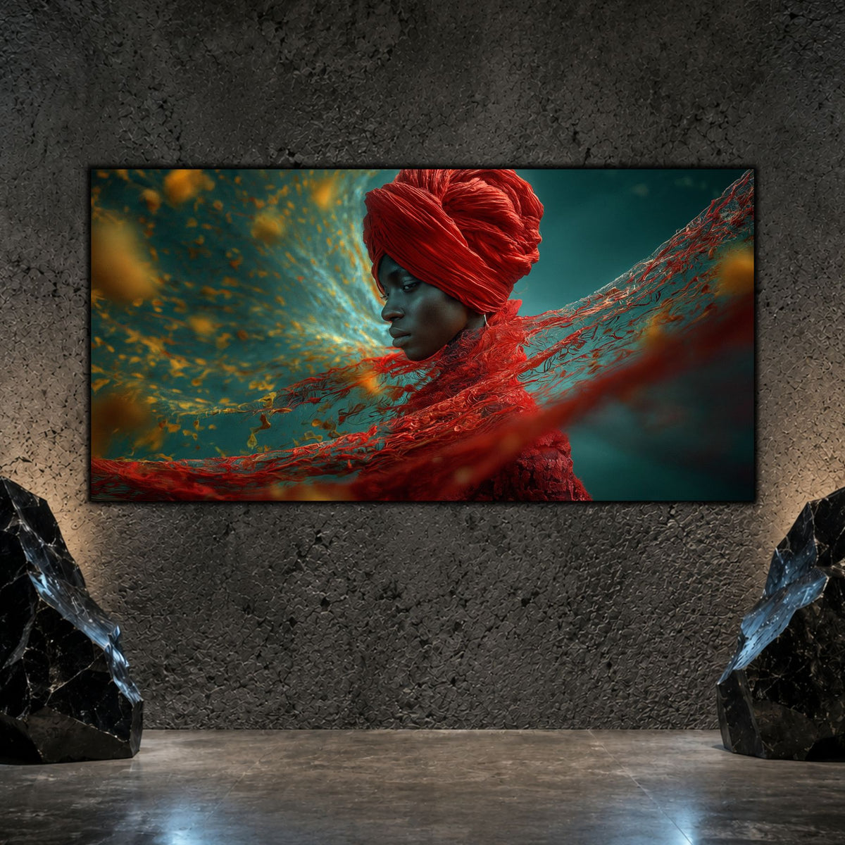 Tablou dormitor modern panoramic Firele destinului de rubin printat pe sticlă securizată pe un perete texturat antracit flancat de roci decorative