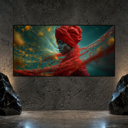Tablou dormitor modern panoramic Firele destinului de rubin printat pe sticlă securizată pe un perete texturat antracit flancat de roci decorative