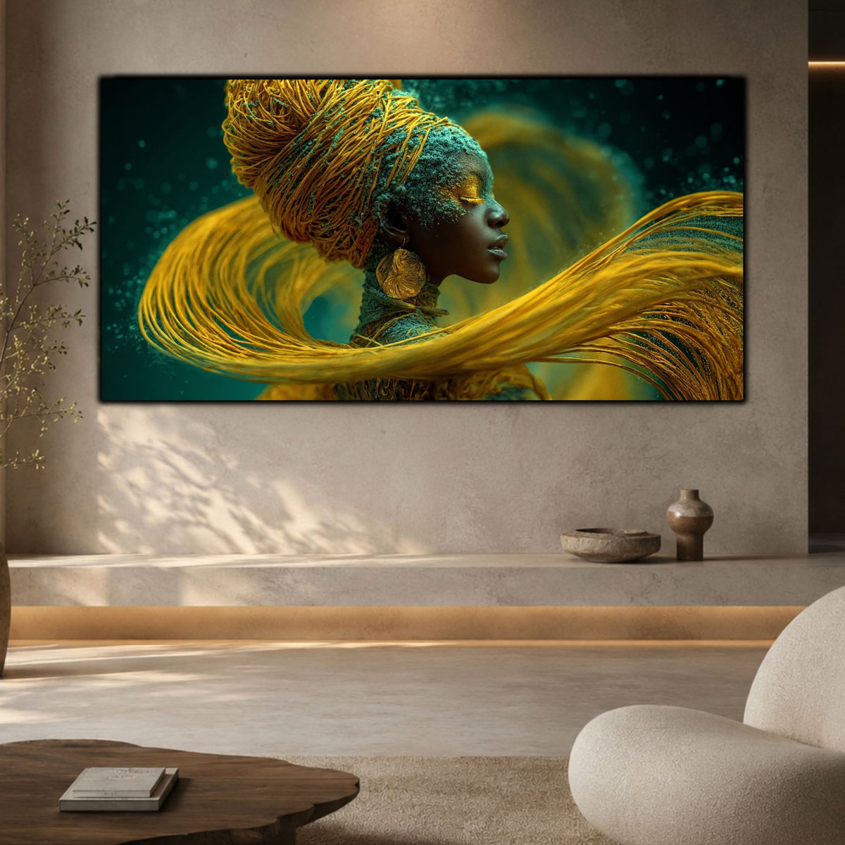 Tablou dormitor modern panoramic Firele devenirii de aur printat pe sticlă securizată deasupra unei băncuțe din piatră într-un interior minimalist cu fotoliu bouclé