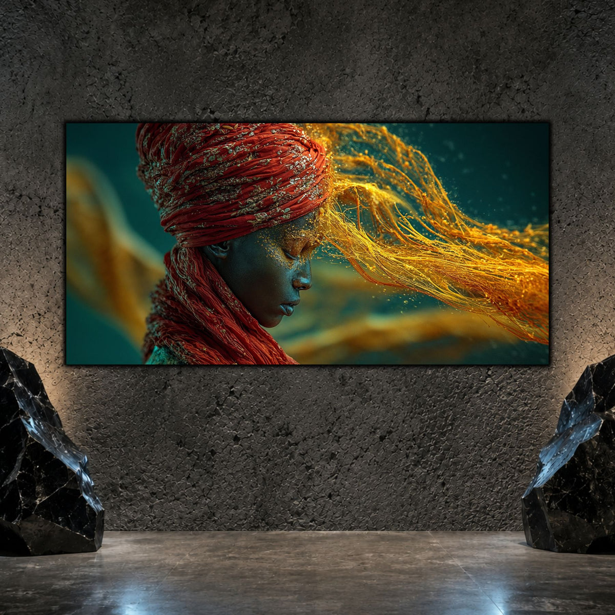 Tablou dormitor modern panoramic Firele rugului de ambră printat pe sticlă securizată pe un perete texturat antracit flancat de roci decorative