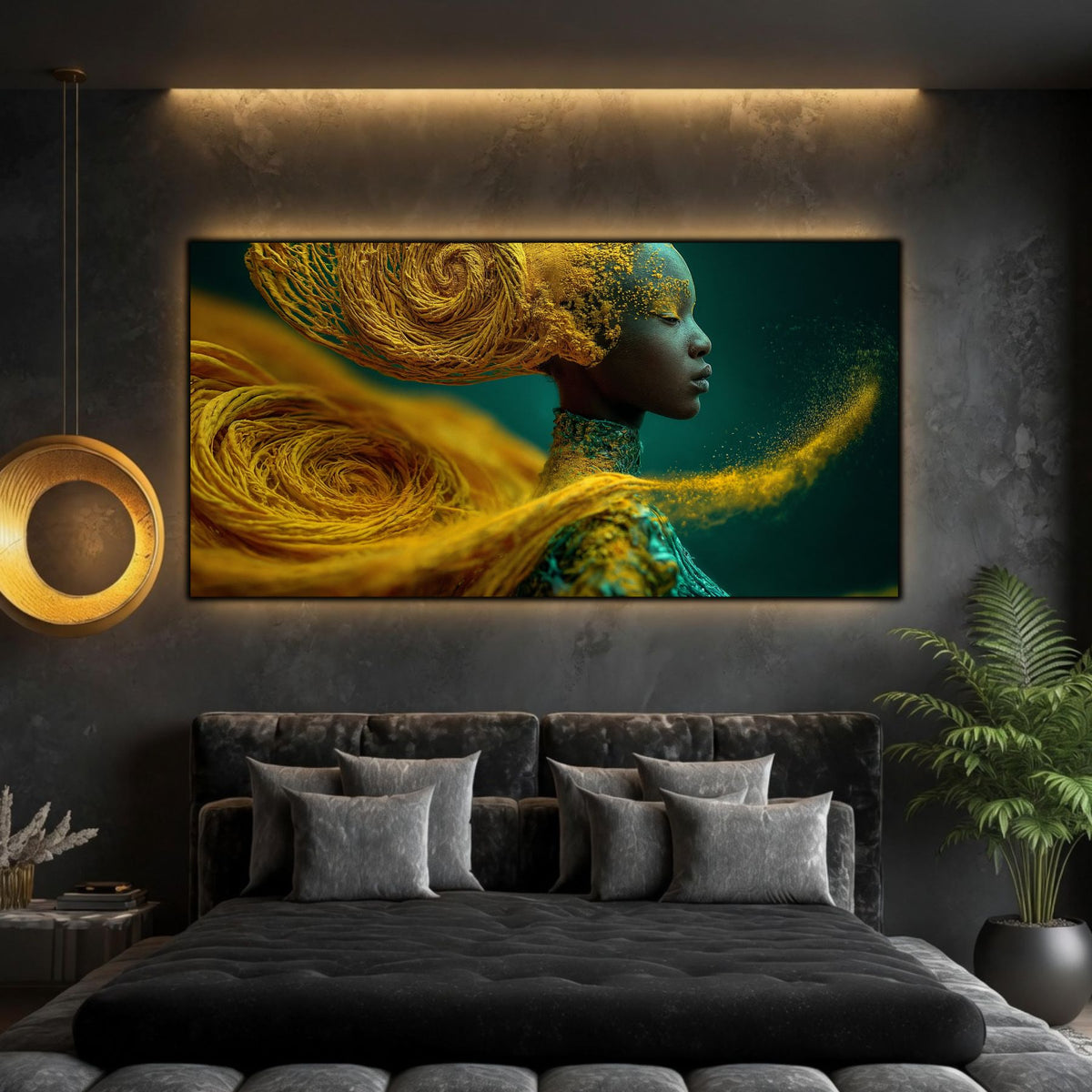 Tablou dormitor modern panoramic Firele spiralei solare printat pe sticlă securizată deasupra unui pat matrimonial negru într-un dormitor contemporan