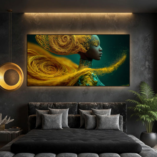 Tablou dormitor modern panoramic Firele spiralei solare printat pe sticlă securizată deasupra unui pat matrimonial negru într-un dormitor contemporan
