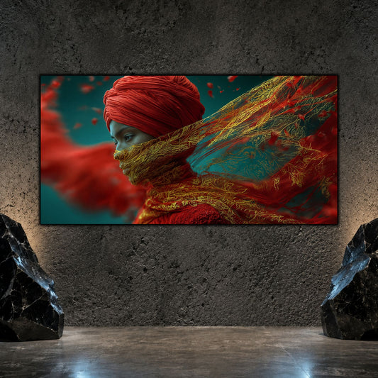 Tablou dormitor modern panoramic Firele tainei de rubin printat pe sticlă securizată pe un perete texturat antracit flancat de roci decorative