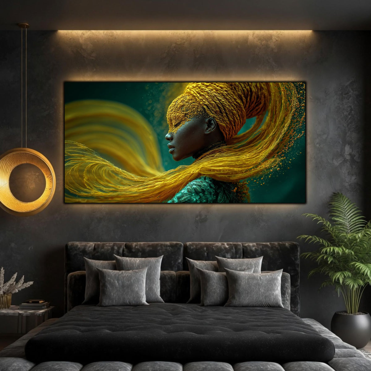 Tablou dormitor modern panoramic Firele vântului solar printat pe sticlă securizată deasupra unui pat matrimonial negru într-un dormitor contemporan