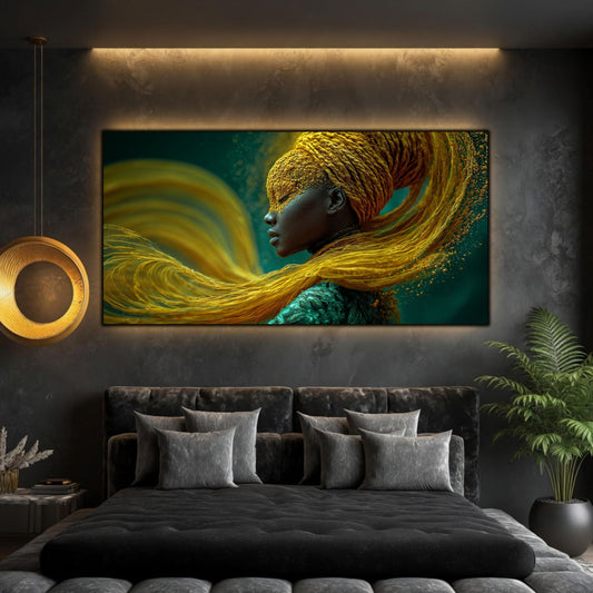 Tablou dormitor modern panoramic Firele vântului solar printat pe sticlă securizată deasupra unui pat matrimonial negru într-un dormitor contemporan