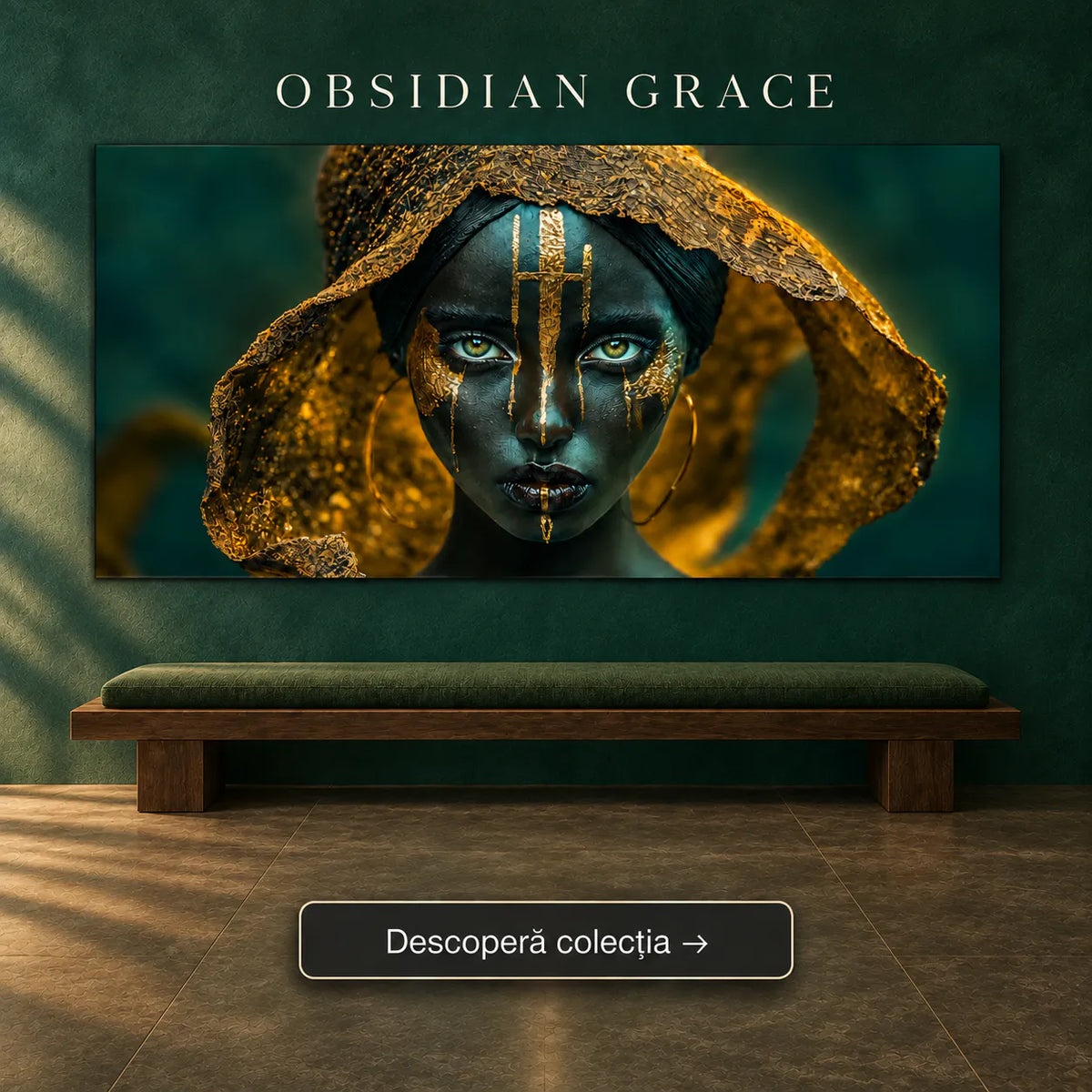 Tablou dormitor modern cu chip din obsidian negru, ochi de smarald și mantie bogată din foiță de aur – Colecția Obsidian Grace Art Zen