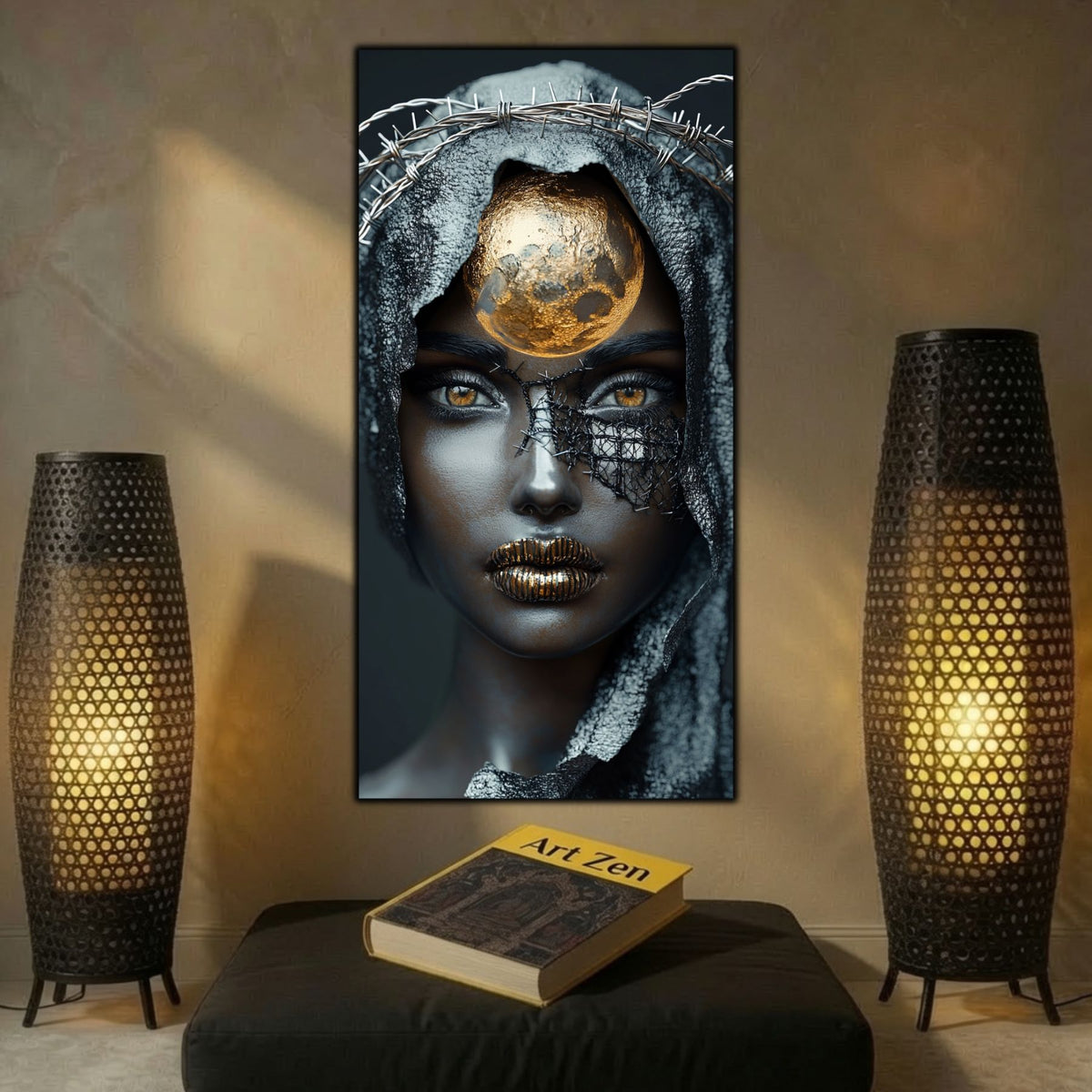 Tablou vertical cu portret feminin, disc auriu și rețea neagră pe obraz, deasupra unui puf negru, între două lămpi perforate, pe perete bej.
