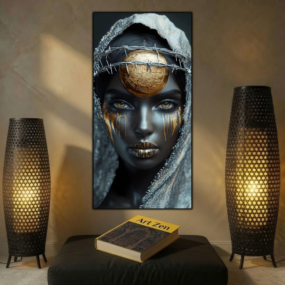 Tablou vertical cu portret feminin, disc auriu și înveliș argintiu, deasupra unui puf negru, între două lămpi perforate, pe perete bej.