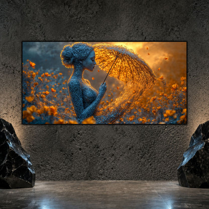 Tablou dormitor relaxant panoramic Reziliența ploii de chihlimbar printat pe sticlă securizată pe un perete texturat antracit flancat de roci decorative