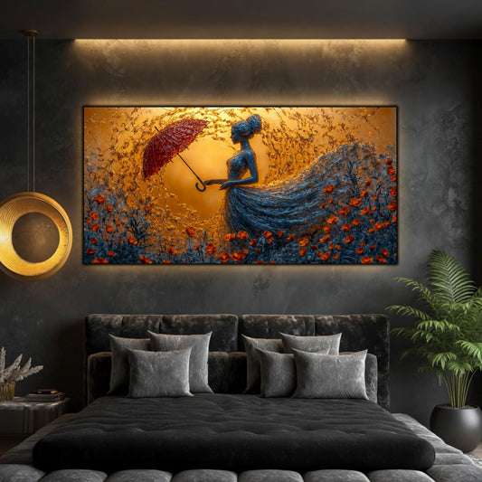 Tablou dormitor relaxant panoramic Reziliența umbrelei de rubin printat pe sticlă securizată deasupra unui pat matrimonial negru într-un dormitor contemporan