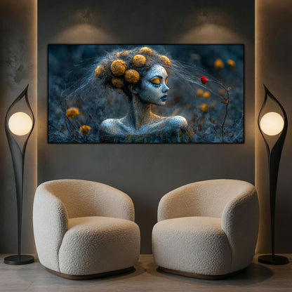 Tablou dormitor zen panoramic Fragilitatea atingerii de mac printat pe sticlă securizată deasupra a două fotolii bouclé crem într-o zonă de lectură modernă