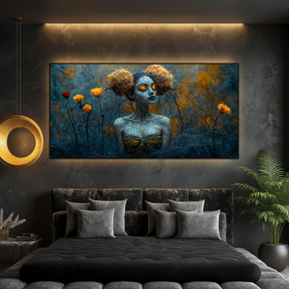 Tablou dormitor zen panoramic Fragilitatea grădinii de amurg printat pe sticlă securizată deasupra unui pat matrimonial negru într-un dormitor contemporan