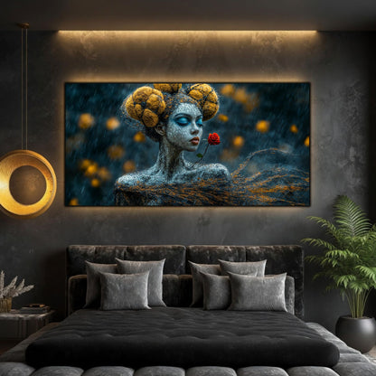 Tablou dormitor zen panoramic Fragilitatea suflului de rubin printat pe sticlă securizată deasupra unui pat matrimonial negru într-un dormitor contemporan
