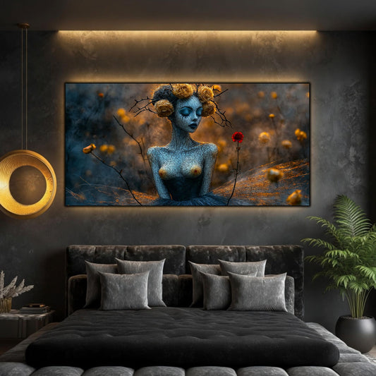 Tablou dormitor zen panoramic Fragilitatea trezirii interioare printat pe sticlă securizată deasupra unui pat matrimonial negru într-un dormitor contemporan