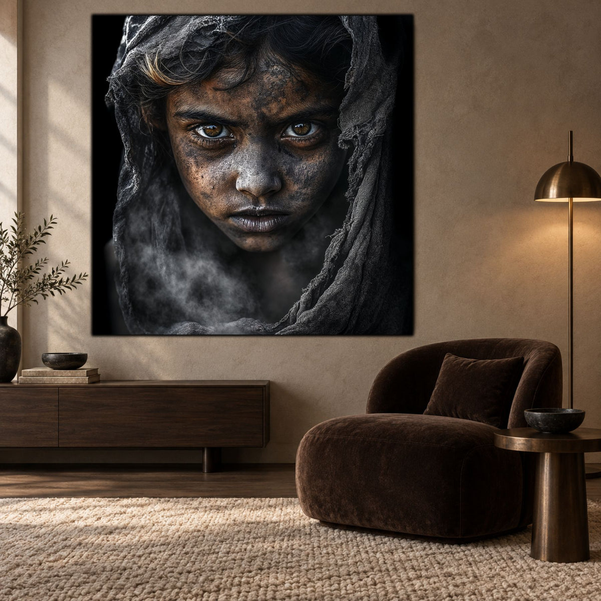 Tablou Elegant Living cu portret în tonuri de cenușă și privire căpruie, prezentat lângă un fotoliu maro și o comodă din lemn
