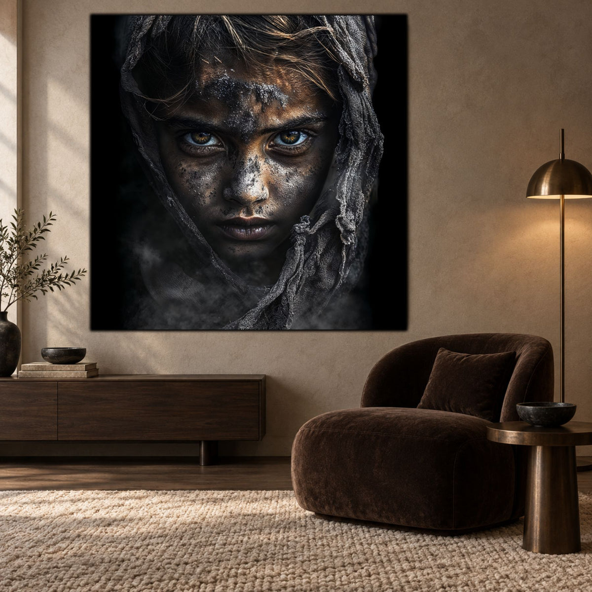 Tablou Elegant Living cu portret feminin în tonuri minerale și privire intensă, expus lângă un fotoliu maro și o comodă din lemn
