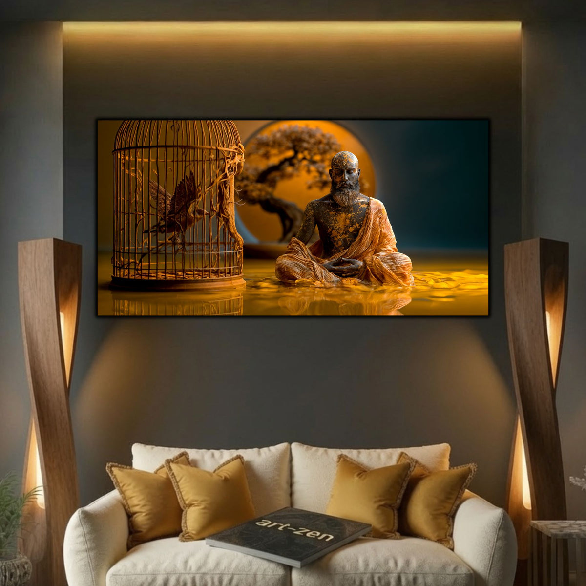 Tablou elegant pentru sufragerie, călugăr meditând pe lac galben lângă colivie, sticlă 4mm.