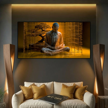 Tablou elegant pentru sufragerie, călugăr meditând lângă o cușcă deschisă, imprimat pe sticlă securizată 4mm.