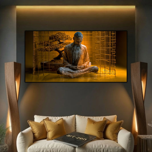 Tablou elegant pentru sufragerie, călugăr meditând lângă o cușcă deschisă, imprimat pe sticlă securizată 4mm.