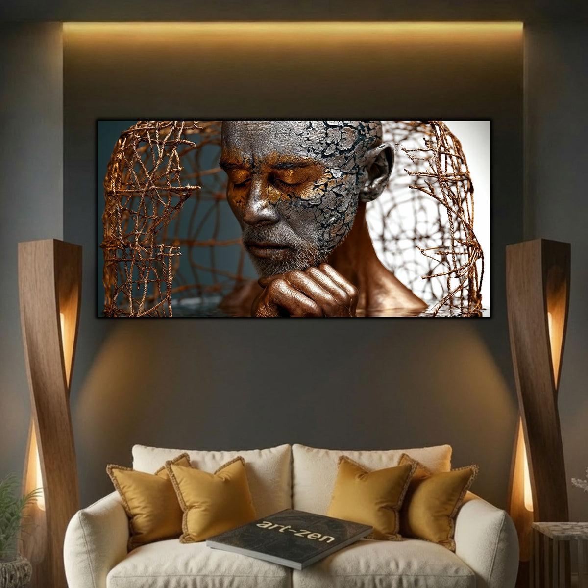 Tablou elegant pentru sufragerie, bărbat argintiu cu crăpături meditând în colivie, sticlă 4mm.