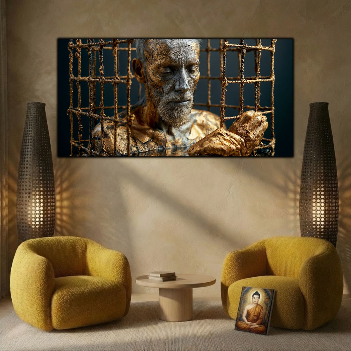 Tablou de artă zen pe sticlă, element central de decor integrat armonios pe peretele unei sufragerii elegante.