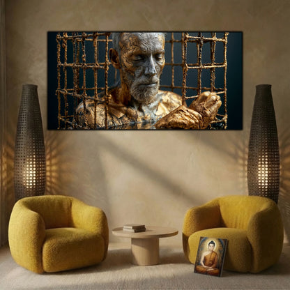 Tablou de artă zen pe sticlă, element central de decor integrat armonios pe peretele unei sufragerii elegante.