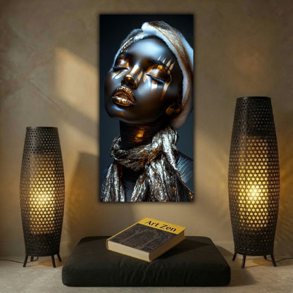 Portret feminin Gilded Reverie cu ochi închiși, semne aurii și eșarfă argintie, între două lampadare perforate, deasupra unei perne negre cu o carte.