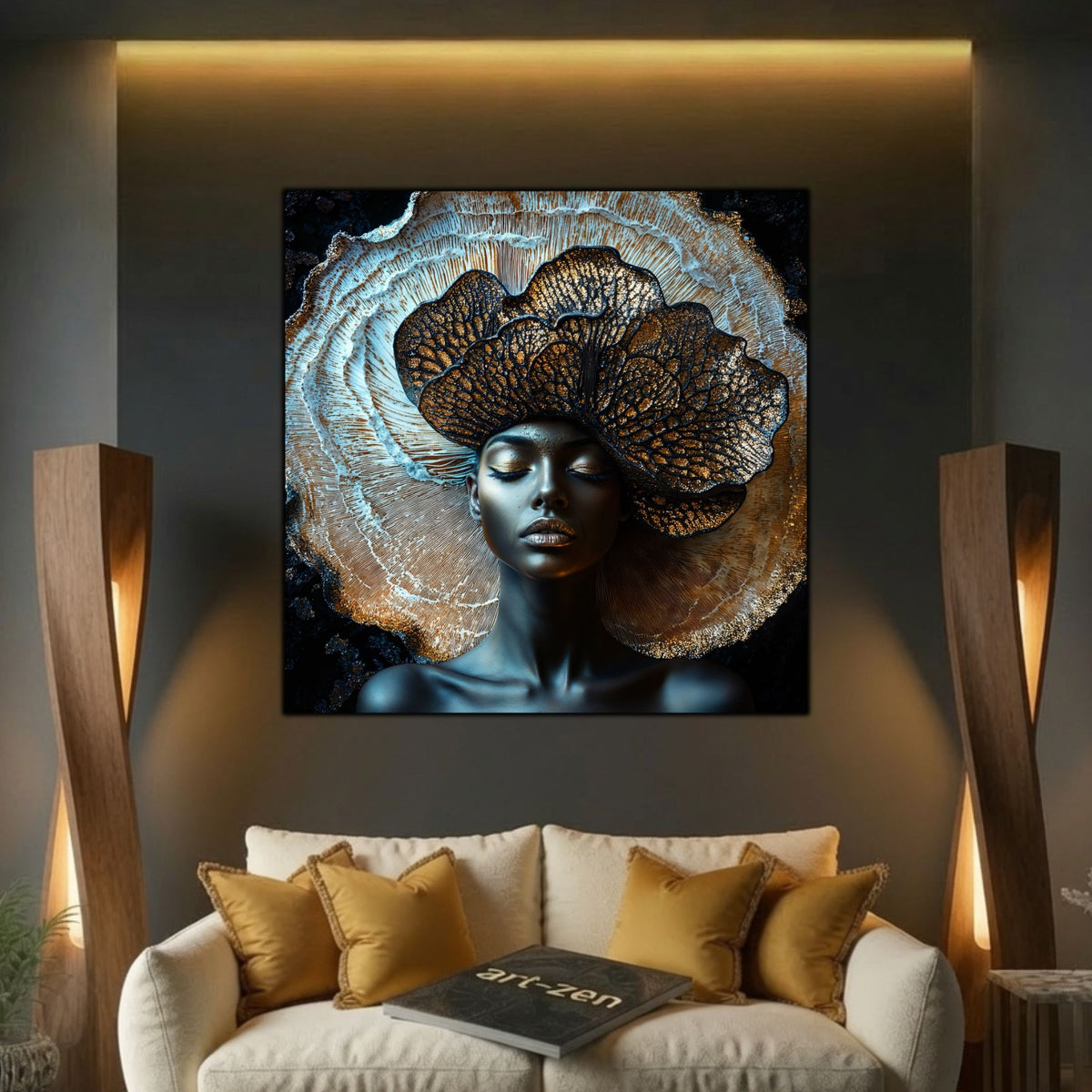 Tablou abstract cu portret feminin si texturi miceliene, care decoreaza un perete de living modern, in culori inchise, dark, auriu si argintiu.