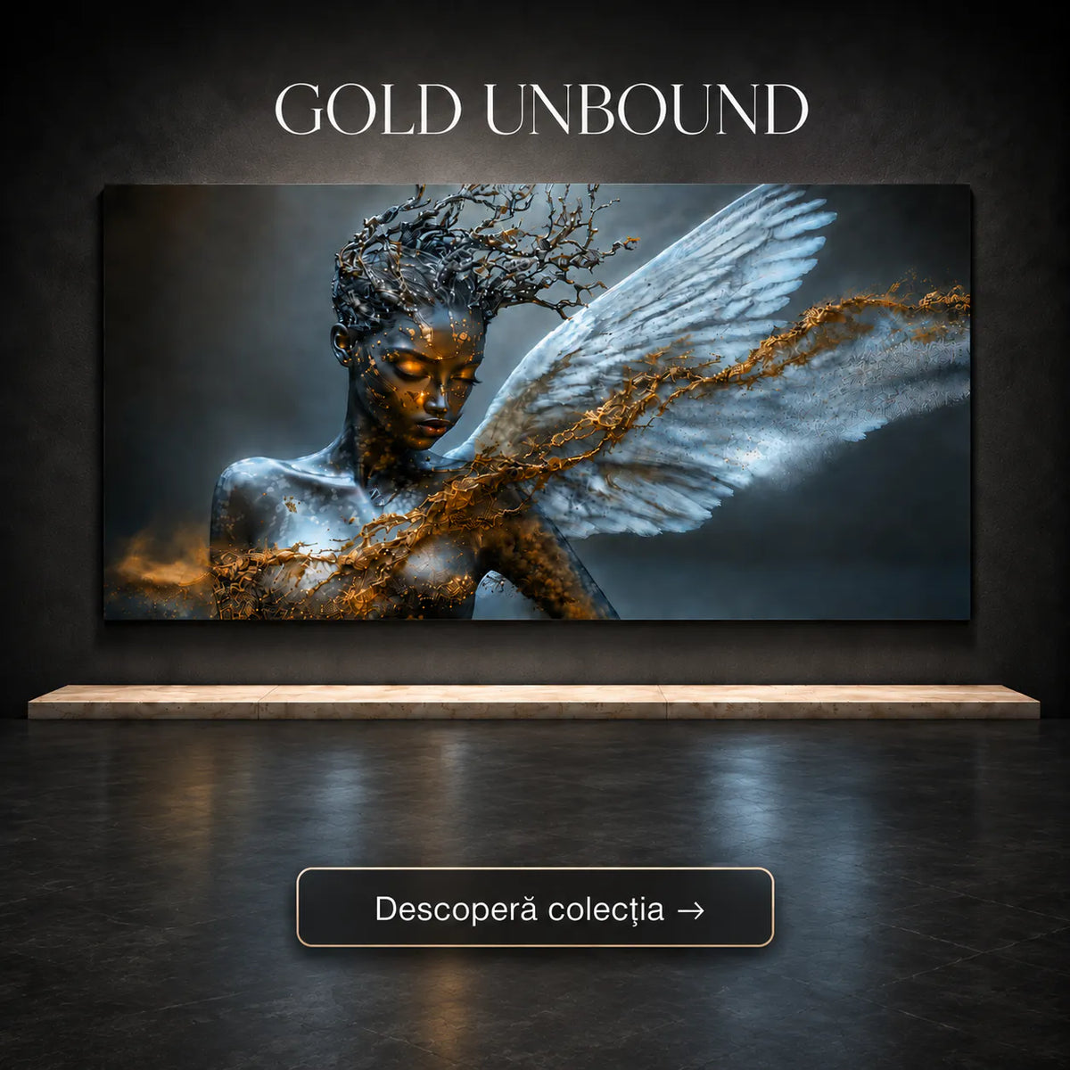 Tablou living elegant cu siluetă sculpturală feminină, aripă îngerească și filamente de aur – Colecția Gold Unbound Art Zen
