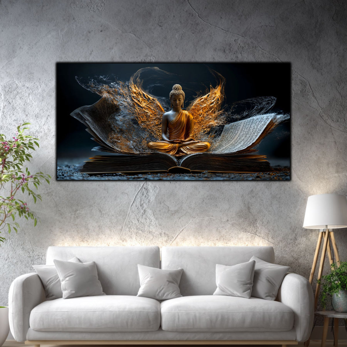 Tablou Living Elegant Aripile Cunoașterii Tăcute, cu siluetă meditativă, carte deschisă și aripi aurii, deasupra unei canapele albe.