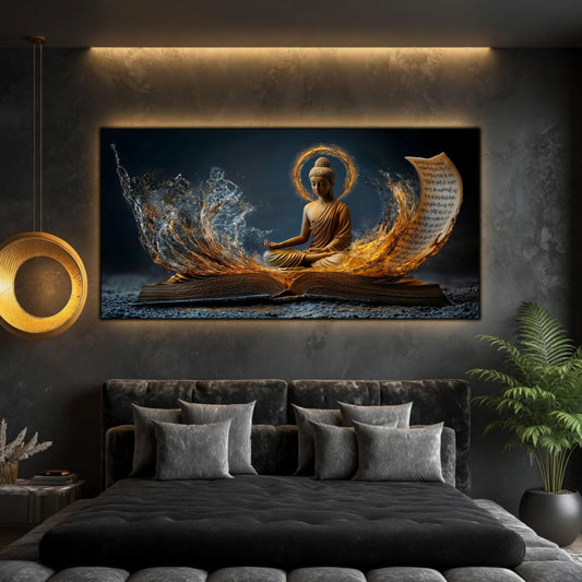 Tablou Living Elegant Cartea din care Răsare Liniștea, cu siluetă meditativă și carte deschisă, prezentat deasupra unui pat tapițat.