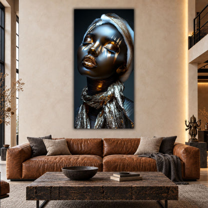Tablou elegant pentru living Gilded Reverie, cu portret feminin și eșarfă cu aspect metalic, pe un perete crem deasupra unei canapele din piele coniac.
