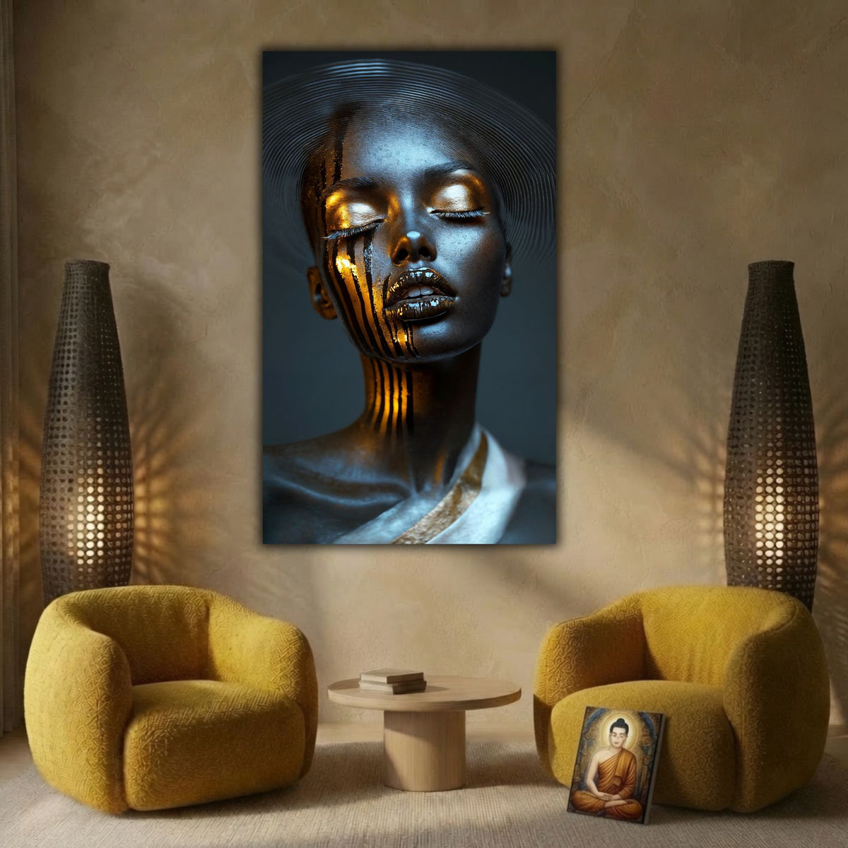 Tablou elegant pentru living Golden Current, cu portret feminin și linii aurii, deasupra a două fotolii muștar cu măsuță rotundă între ele.